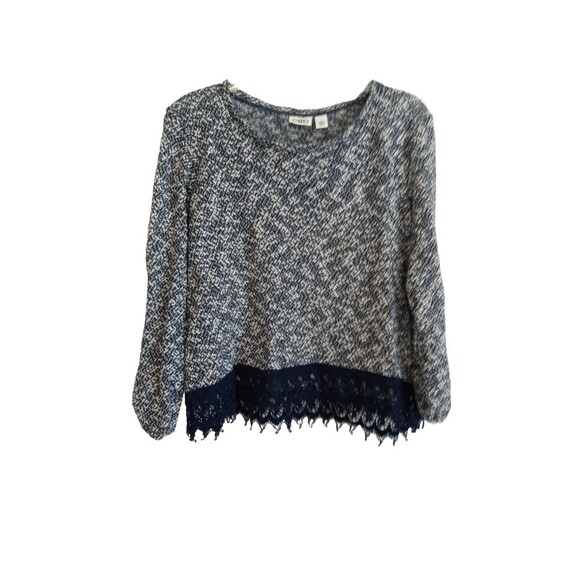 Cato Tops - Cato‎ Knit blue and white blend fringe bottom swoop neck